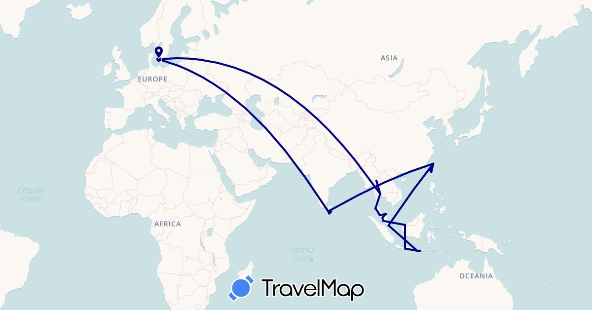 TravelMap itinerary: driving in Denmark, Indonesia, Sri Lanka, Malaysia, Singapore, Thailand, Taiwan (Asia, Europe)