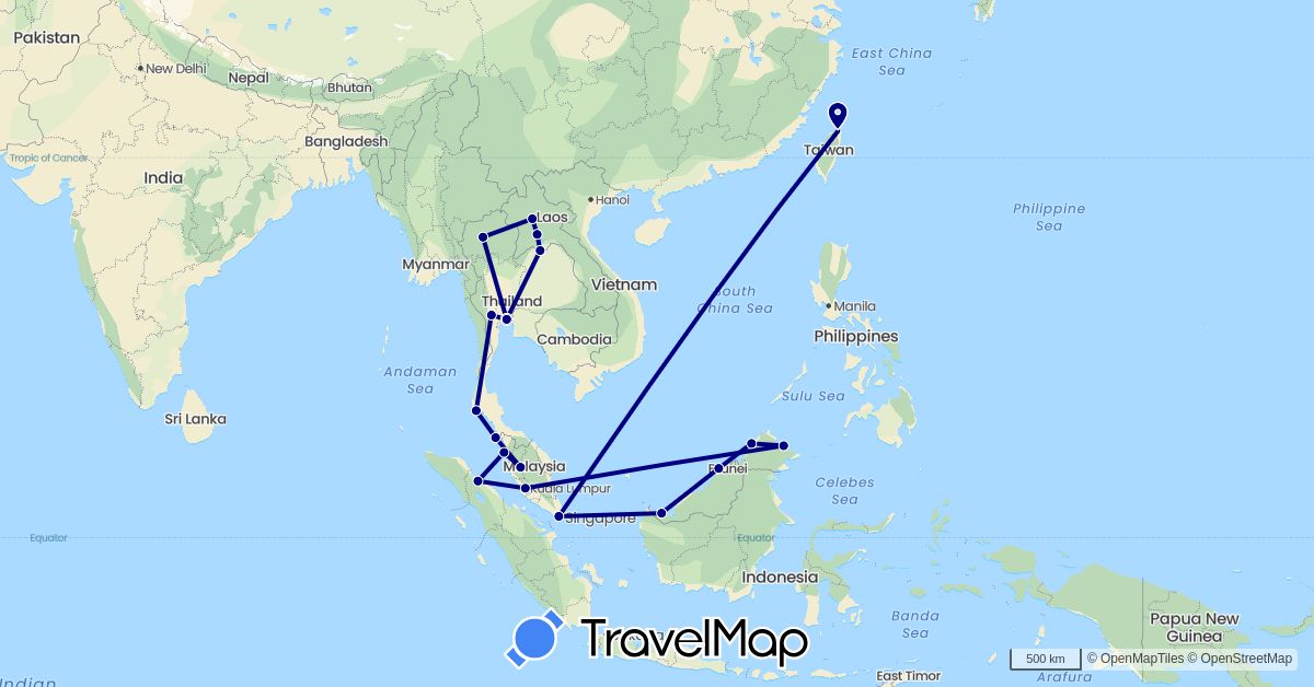 TravelMap itinerary: driving in Indonesia, Laos, Malaysia, Singapore, Thailand, Taiwan (Asia)
